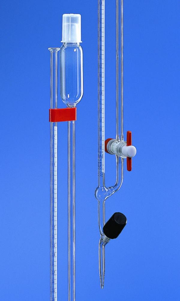 Micro burette according to Bang 2ml:0.01ml BLAUBRAND®, Kl. AS, CoC, with clamp, straight. Valve stopcock with safety device pack of 2