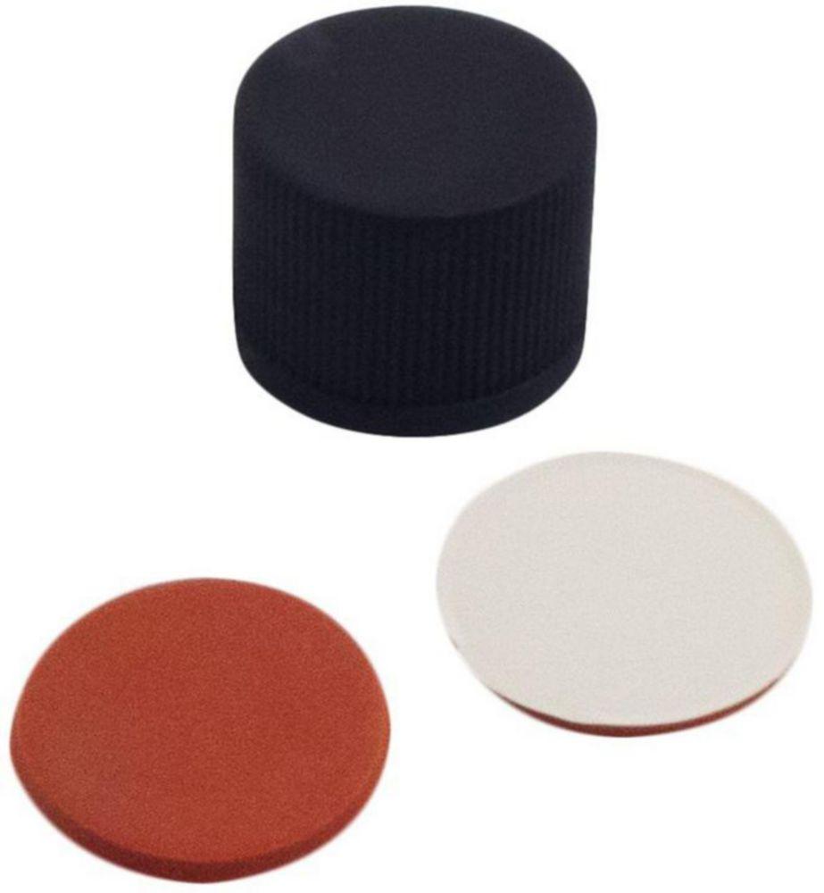 LLG Labware Screw Caps N 8, Black PP, Closed Top, Red Rubber/PTFE Beige, Hardness 45° Shore A, Thickness 1.3 mm, Pack of 100