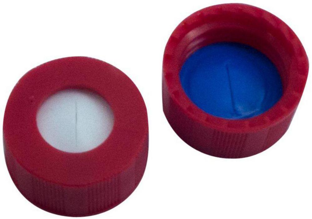 LLG Screw Caps N 9, Red Polypropylene, Center Hole, Silicone White/PTFE Blue Slitted Septum, 40° Shore A Hardness, 10 mm Thickness, Pack of 100