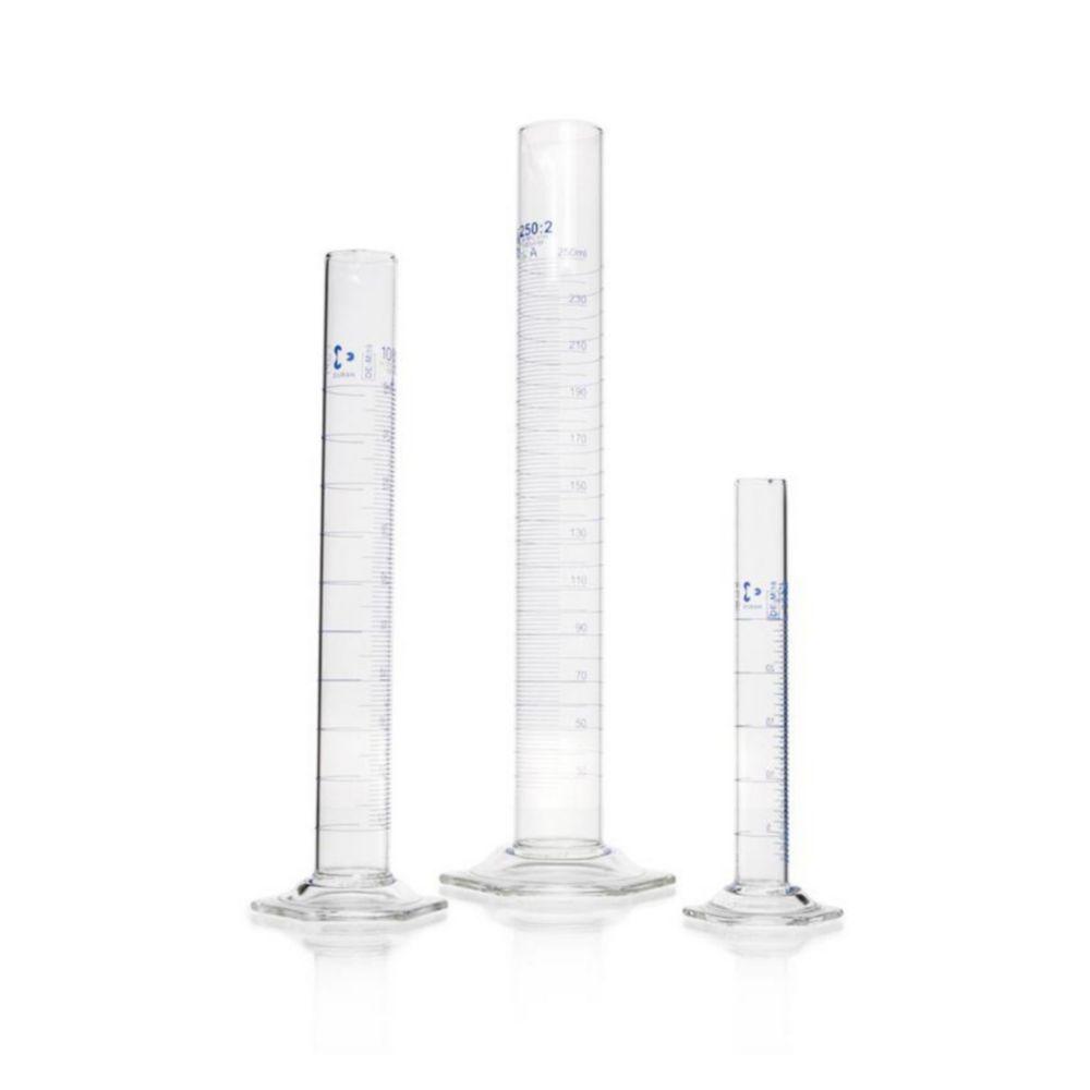 DWK Duran Measuring Cylinder 2000 ml, Class A, Batch Certificate, Blue Graduation, Main Points Ring Graduation, Hexagonal Base