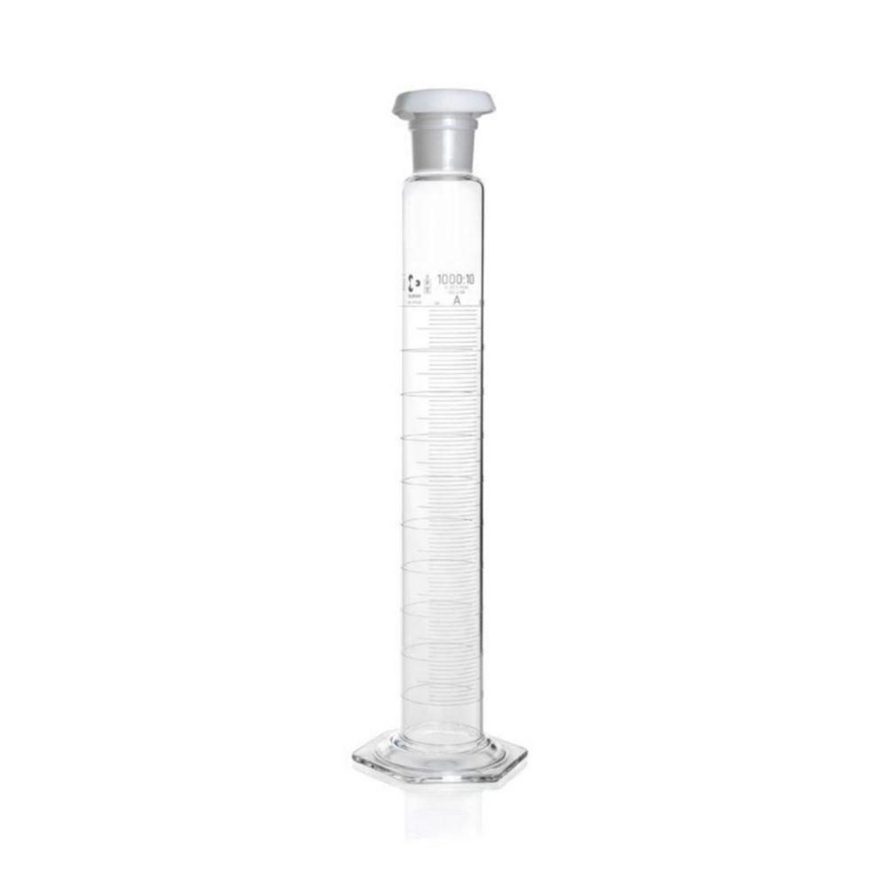 DWK Duran Mixing Cylinder 1000 ml, Class A, Batch Certificate, Blue Graduation, Hexagonal Base, Main Points Ring Graduation, NS 45/40, Plastic Stopper