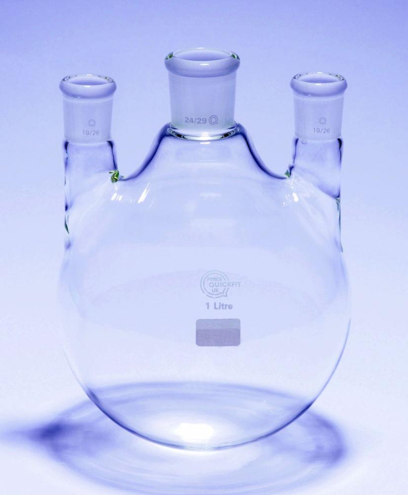 DWK Three-Neck Round Bottom Flask, 2000 mL, Middle Neck NS 34/35, Two Vertical Side Necks NS 24/29