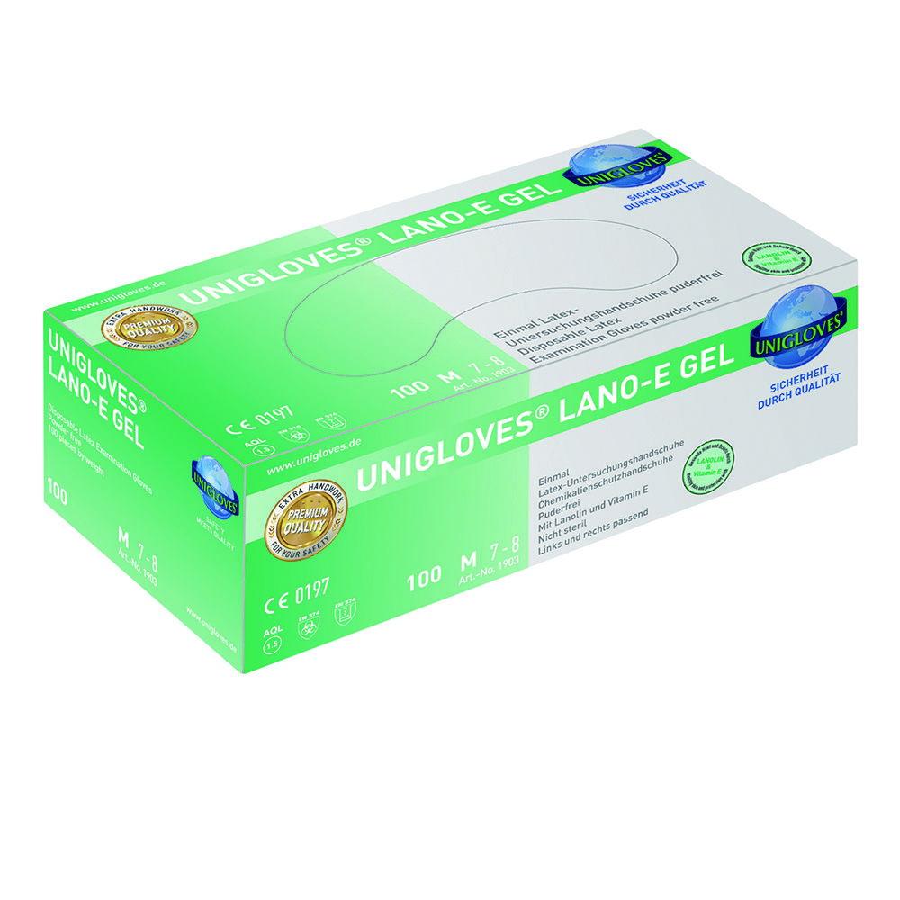 Unigloves Latex Gloves, Size M 7-8, Lano E-Gel, Powder Free, Pack of 100

