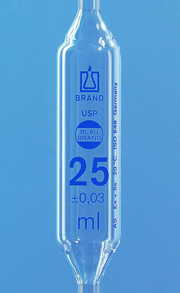 Bulb pipette 0.5 ml, 1 mark USP, BLAUBRAND®, cl.AS, conform. cert., blue grad. AR-Glas®, incl. USP batch certificate pack of 12