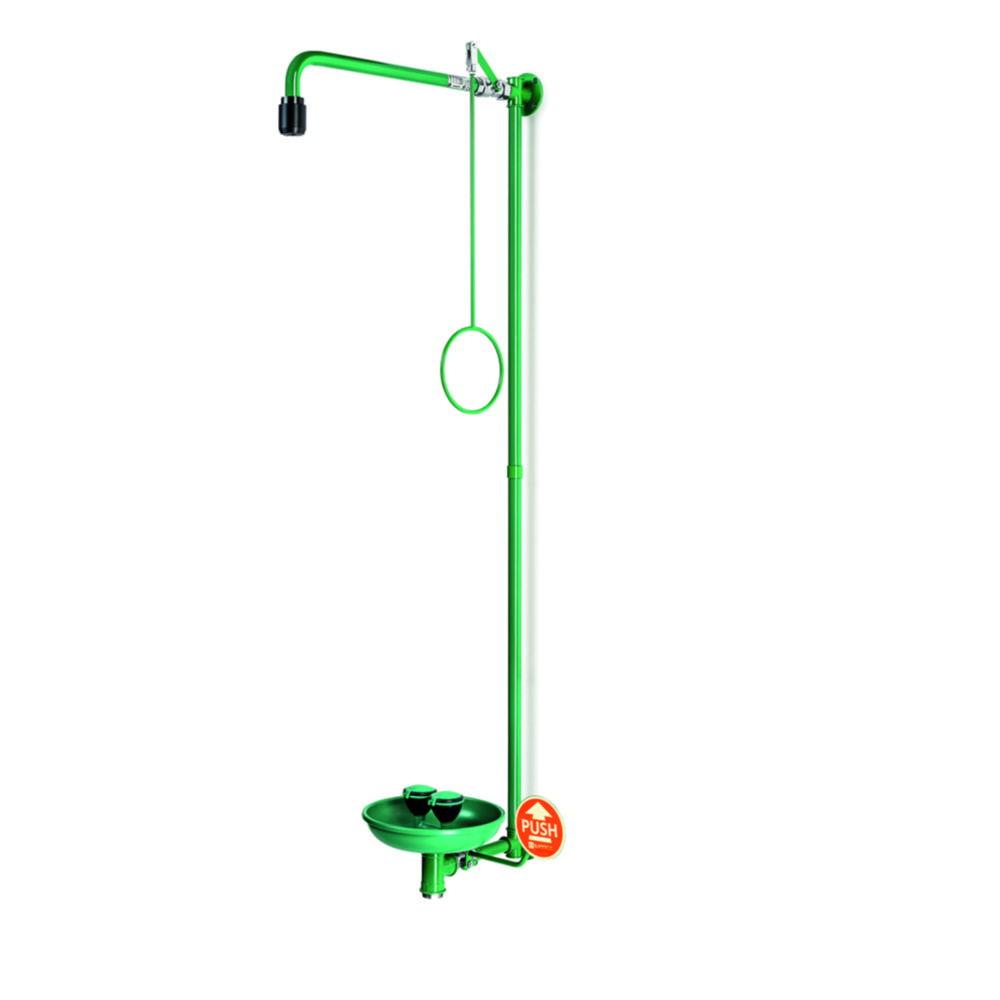 B-Safety Body Emergency Shower ClassicLine with Eye Shower for Wall Mounting with Collecting Basin, Stainless Steel, Green

