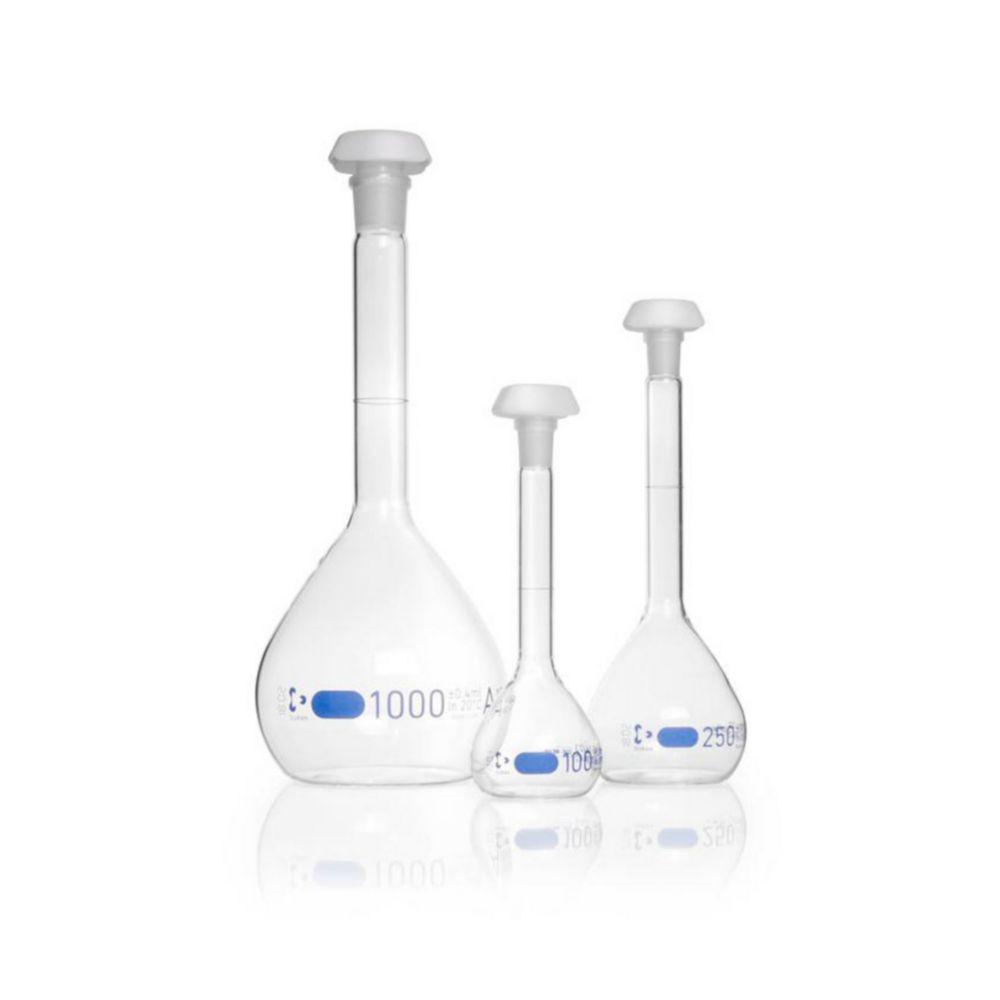 DWK Duran 1000 mL Volumetric Flask, Class AW, Blue Graduation, Batch Certificate, Polyethylene Stopper NS 29/32​