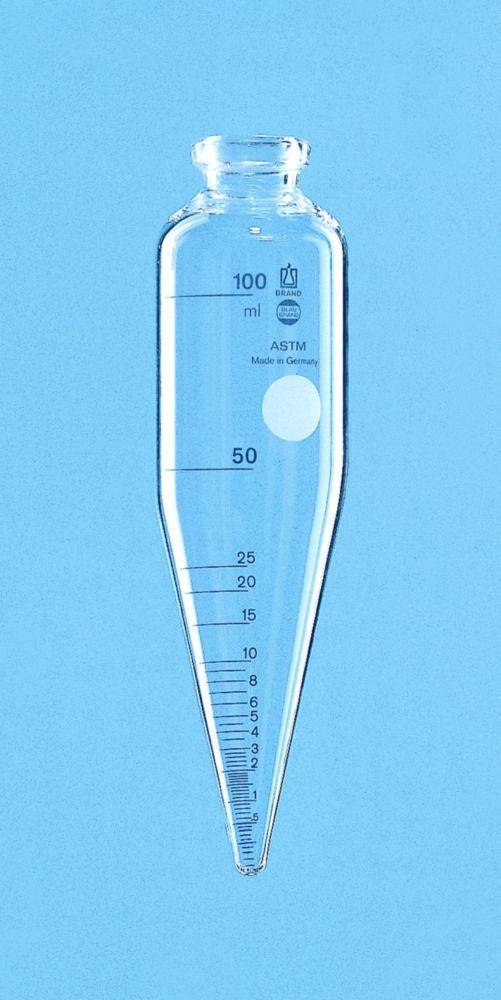H. & K. Starke ASTM Centrifuge Tube, 100 mL, Boro 3.3, Resilient Till, RZB 700, 44 mm Diameter, Cylindrical, Cone-Shaped Bottom, ASTM D96