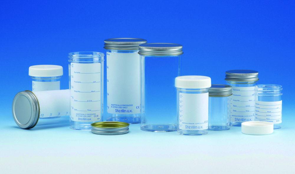 Sample containers 250 ml, PS with metal cap, plain label, sterile AS, pack of 50