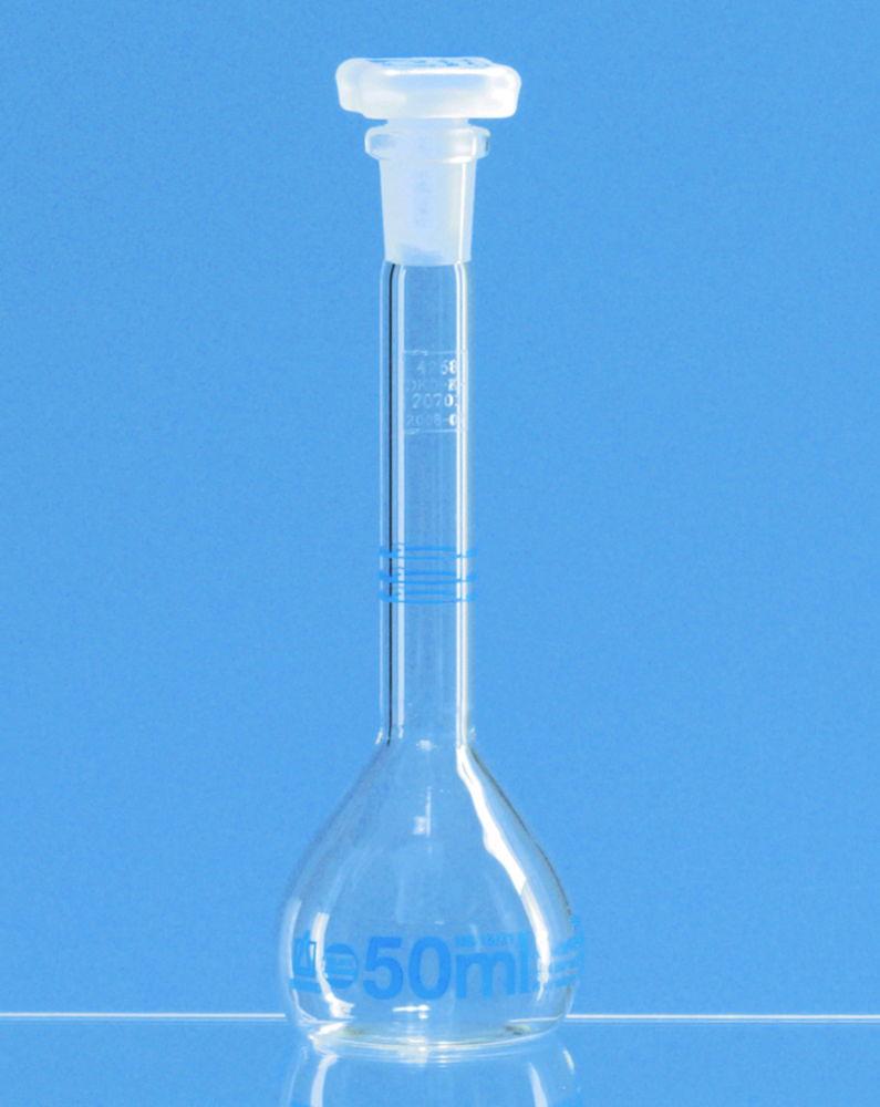 BRAND DAkkS-Test Volumetric Flask 50 mL, NS 12/21 with 3 Marks, BLAUBRAND, Class A, Boro 3.3, PP Stopper, for Dispensette

