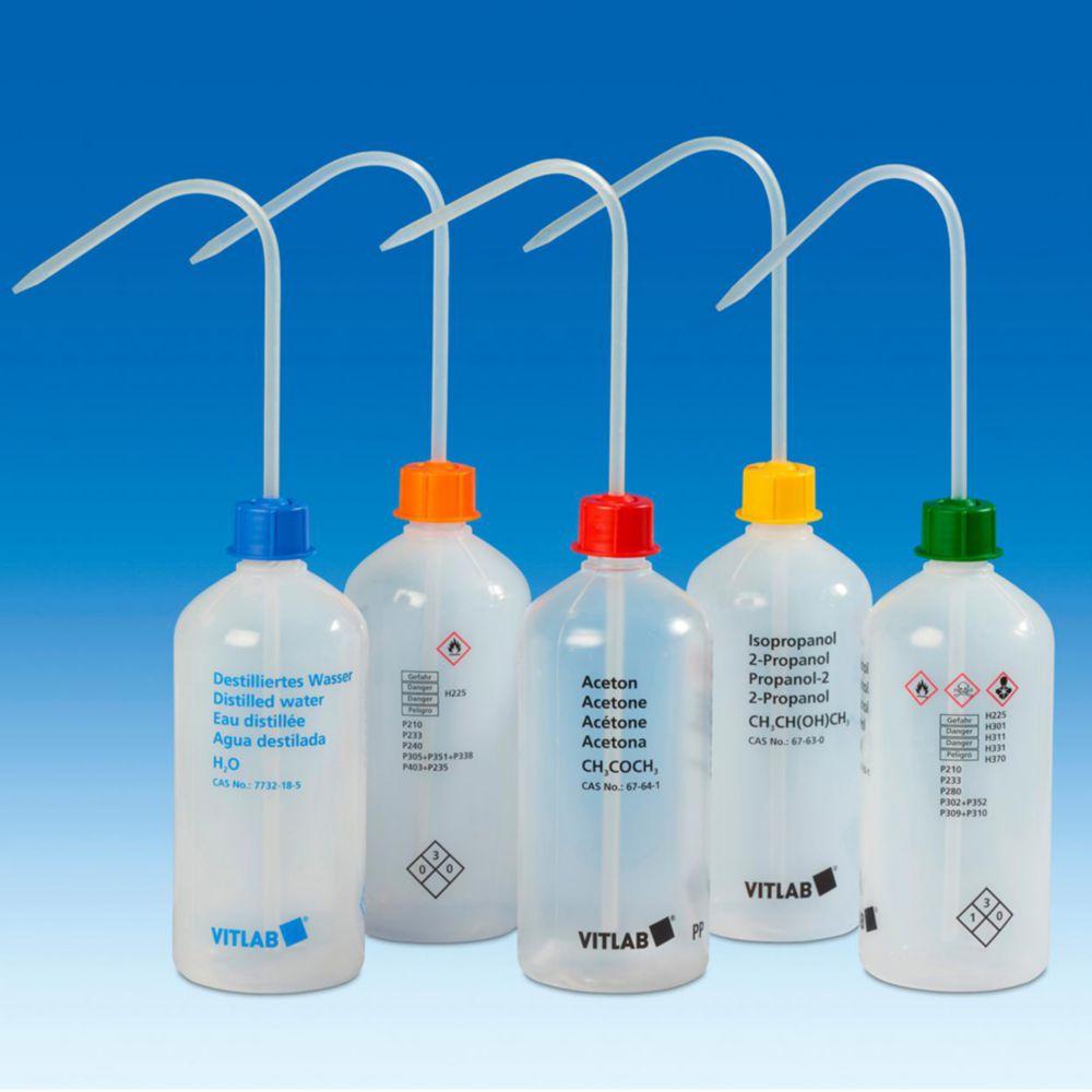 VITLAB Safety Washing Bottle 500 ml Narrow Neck, PE-LD, GL 25, Tuluol, with VENT CAP Screw Connection

