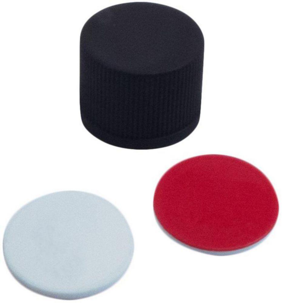LLG Screw Caps N 8, Black Polypropylene, Closed Top, Silicone White/PTFE Red Septum, 40° Shore A Hardness, 1.3 mm Thickness, Pack of 100