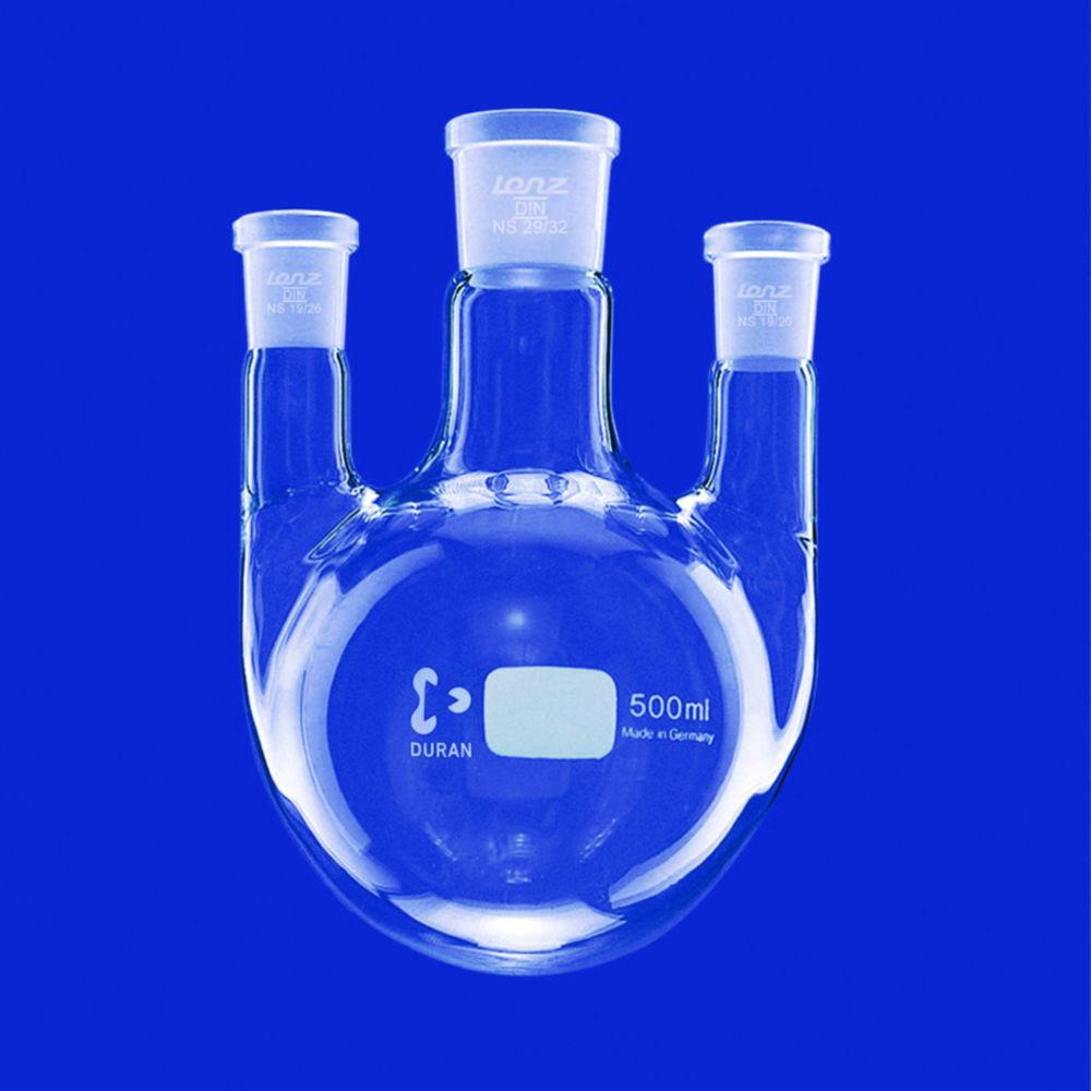 Lenz-Laborglas Round-bottom Flasks, Three-neck, Side Necks Parallel, C. Neck NS 29/32 Side Neck NS 29/32

