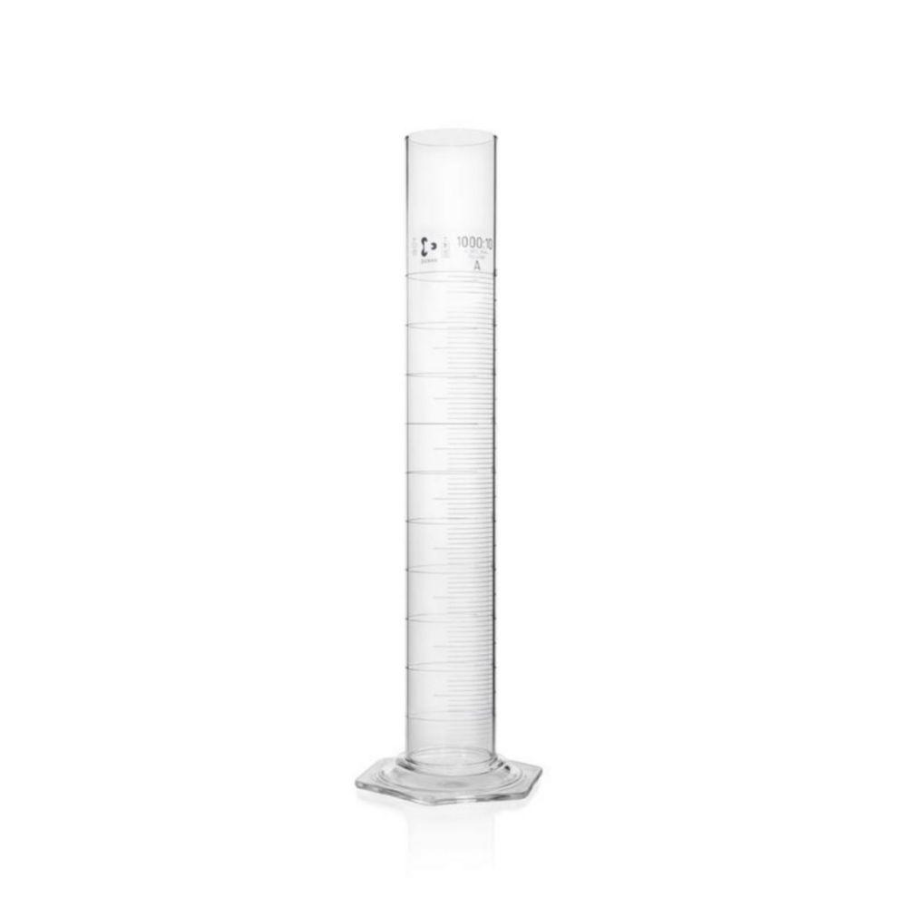 DWK Duran Measuring Cylinder, 1000 mL, Class A, Batch Certificate, Blue Graduation, Main Points Ring Graduation, Hexagonal Base