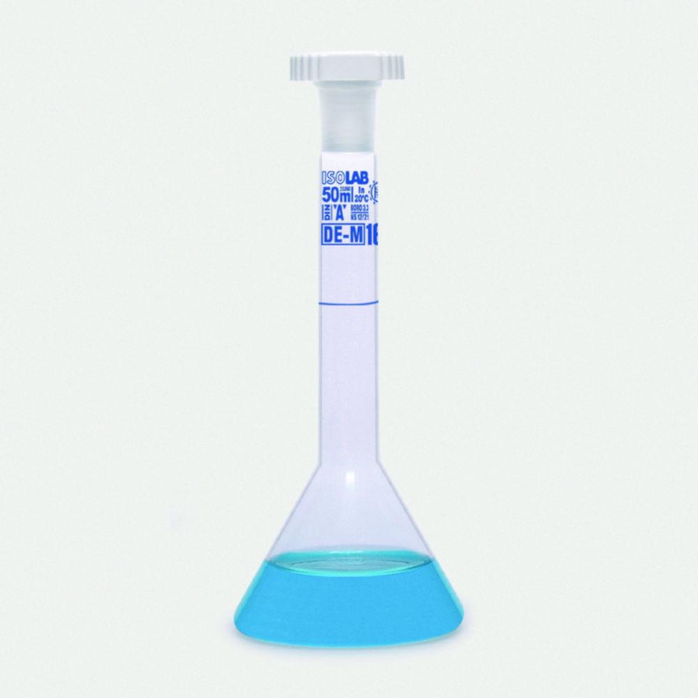 ISOLAB Volumetric Flask 2 mL Clear Trapezoidal Glass Class A NS 07/16 PE Stopper Blue Scale Batch Identification, Pack of 2