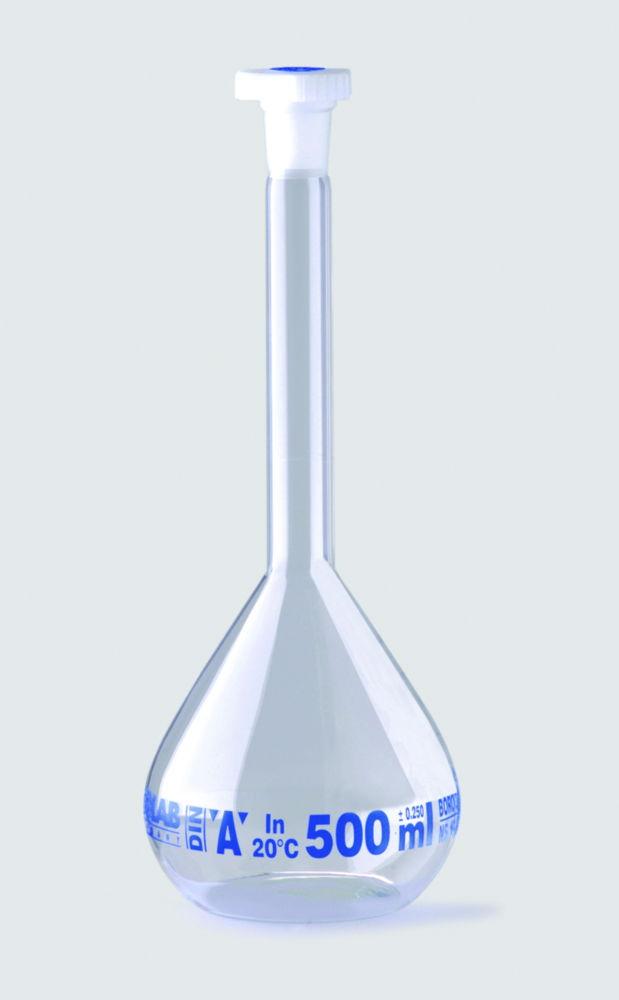 ISOLAB Volumetric Flask 200 mL, Clear Glass, CL A, NS 14/23, PE Stopper, Blue Scale, Batch Certified
