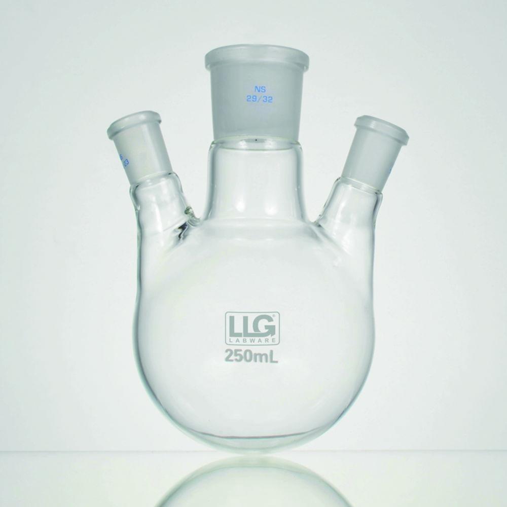 LLG Three Neck Round Bottom Flask, 250 mL, Side Necks 20°, CN NS 29/32, SN x 2 NS 14/23, Boro 3.3