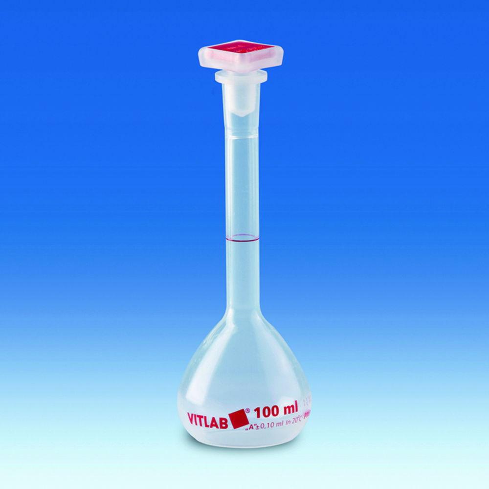 VITLAB Volumetric Flask 100 ml, PMP cl.A, NS 14/23, with PP Stopper, Height 180 mm, with Certificate