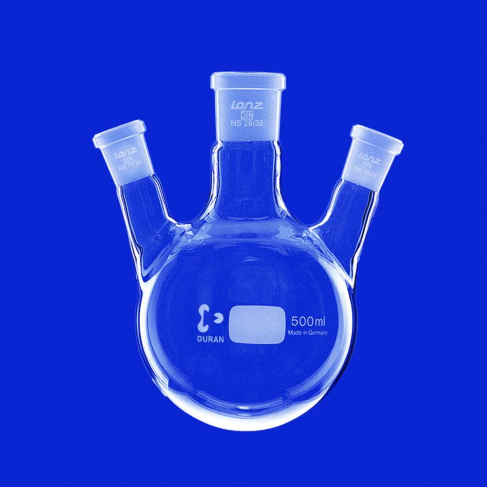 Lenz-Laborglas Three-neck Round Bottom Flask 100 ml, Side Necks Angled, MN: NS 24/29, SN: NS 14/23

