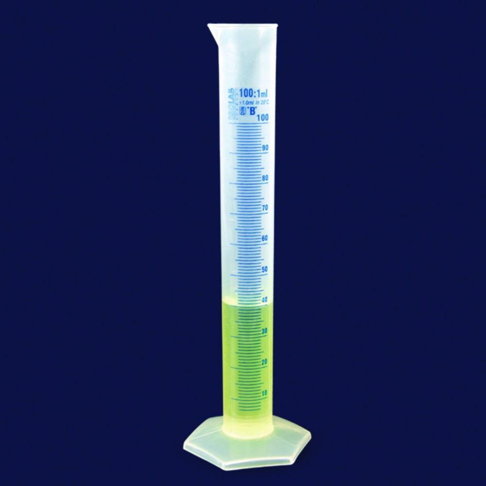 ISOLAB Measuring Cylinder, 100 mL, Tall Form, PP, CLB, Blue Scale