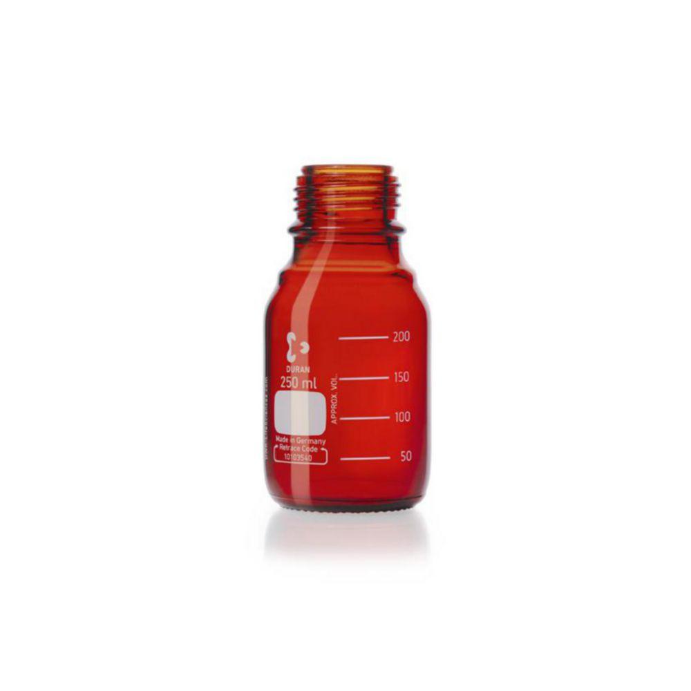 DWK Duran 250 mL Amber Glass Laboratory Bottle with GL45 Thread, Graduated Scale, without Screw Cap, and Pouring Ring