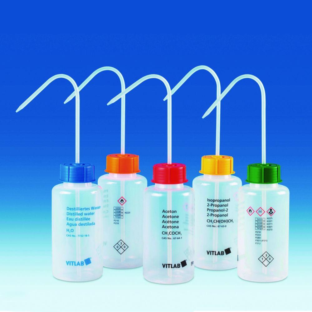 VITLAB Safety Washing Bottle 500 ml, Wide Neck, PP, GL 45, Methyl Ethyl Ketone, with Vent Cap Screw Connection