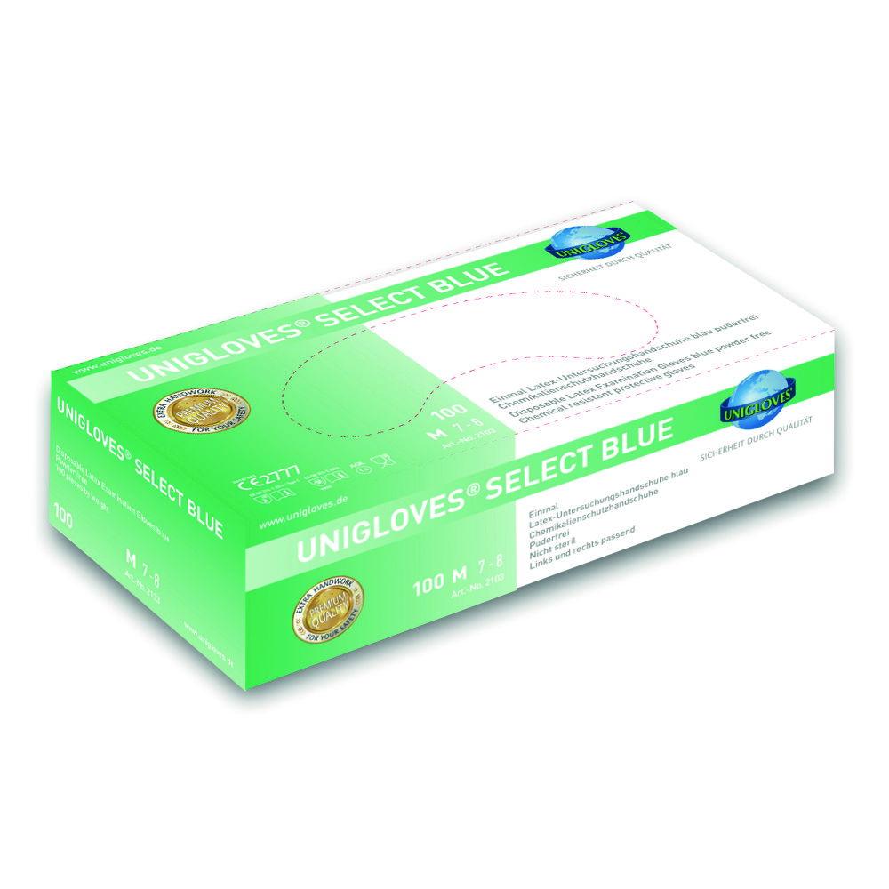 Unigloves Examining Gloves Size S 6-7 "SELECT BLUE", Latex Non-Sterile, Powder-Free, Pack of 100

