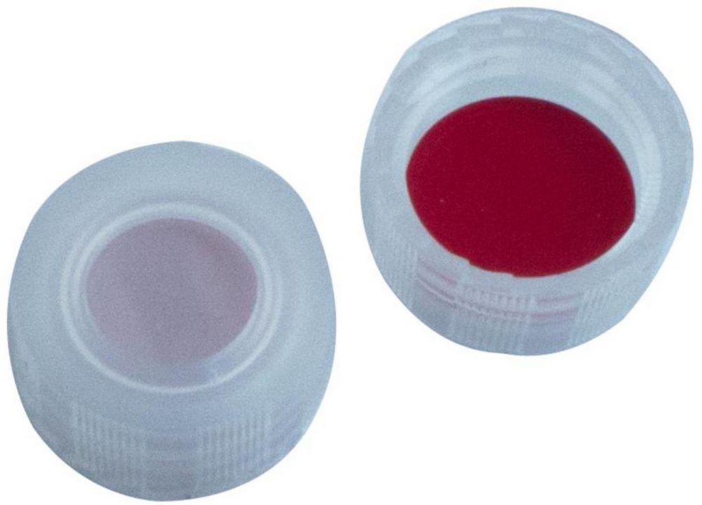 LLG Screw Caps N°9, Transparent PP, Center Hole, Silicone White/PTFE Red, Hardness 45 Shore A, Thickness 10 mm, Pack of 100