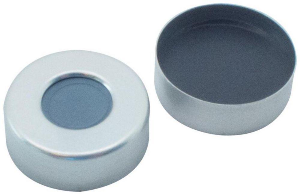 LLG Labware Aluminium Crimp Cap N 20, Silver, Center Hole, Butyl Light Grey/PTFE Dark Grey, Hardness 50° Shore A, Thickness 3 mm, Pack of 100