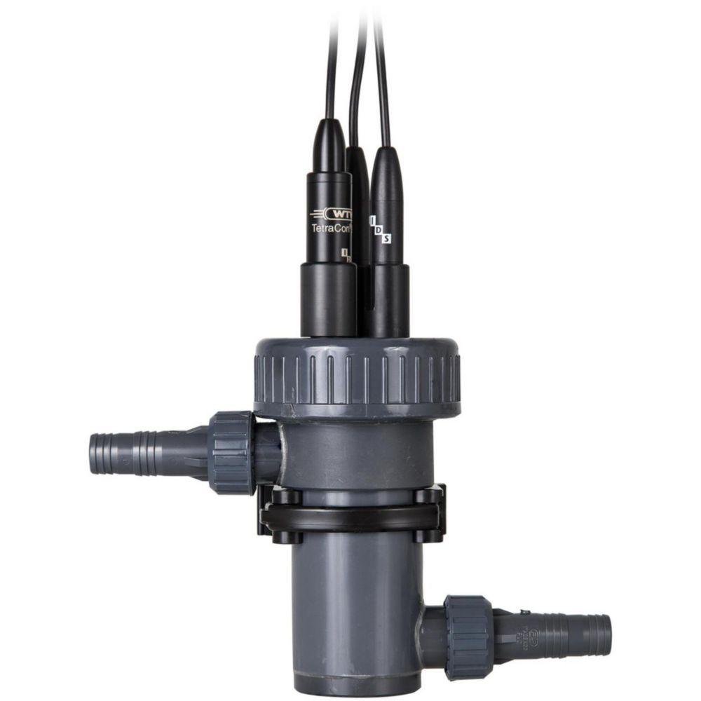 Flow-through vessel D 3Sen in tripods earth holder, w. tube adapter for tubes ID 19mm, w. clamp