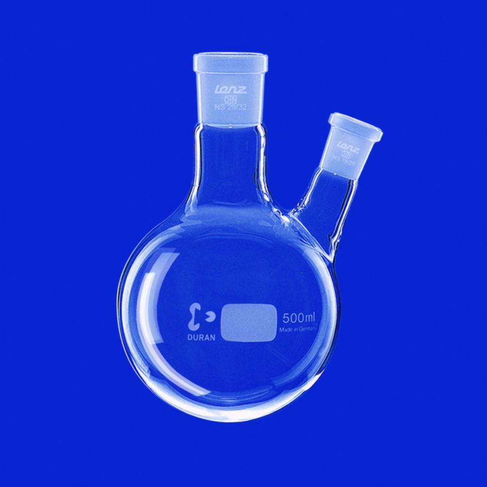 Lenz-Laborglas Round-bottom Flasks, Two-neck, Side Neck Angled, C. Neck NS 14/23 Side Neck NS 14/23

