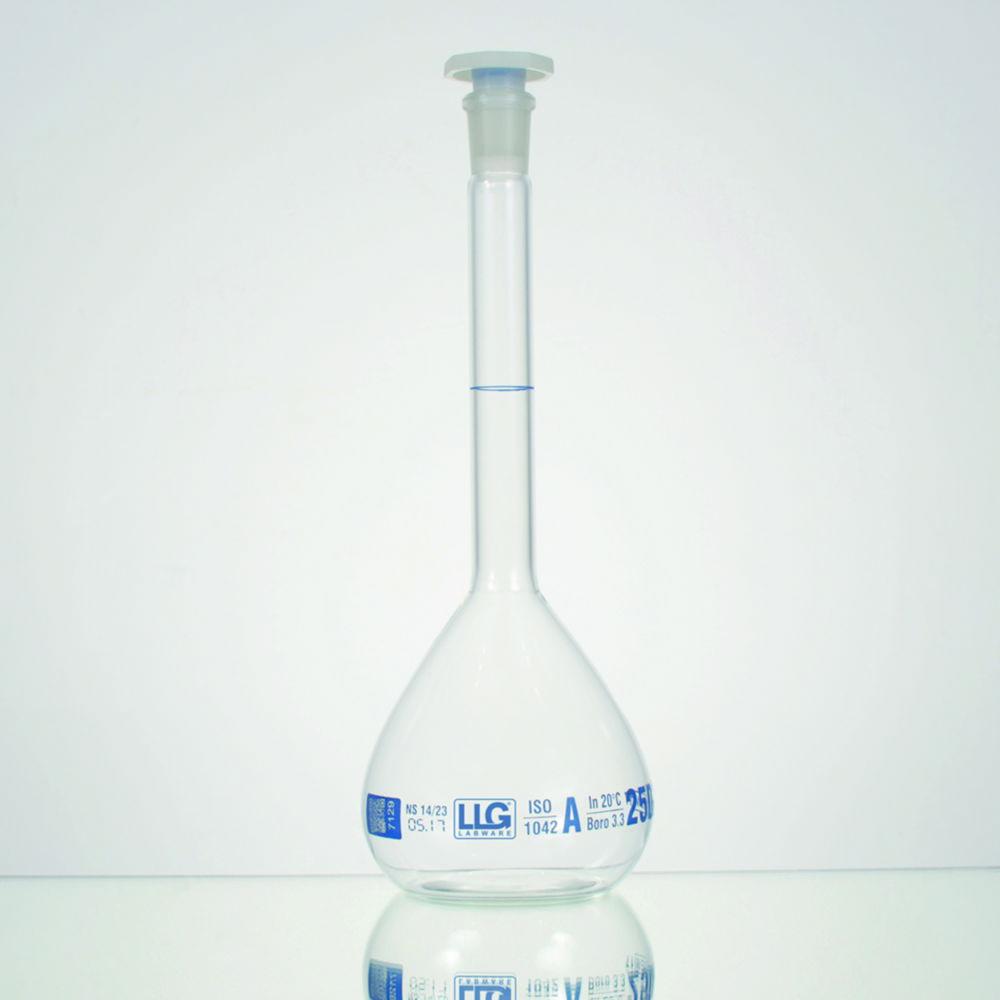 LLG Volumetric Flask 2000 mL Boro 3.3 Clear Class A NS 29/32 PE Stopper Blue Scale Batch Certified