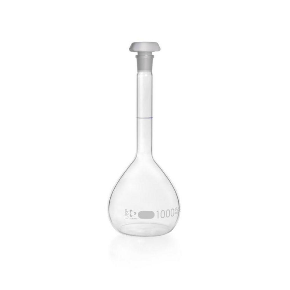DWK Duran Volumetric Flask 1000 ml, Class A Blue Graduation, USP Conformity, Individual Certificate, Polyethylene Stopper, NS 24/29