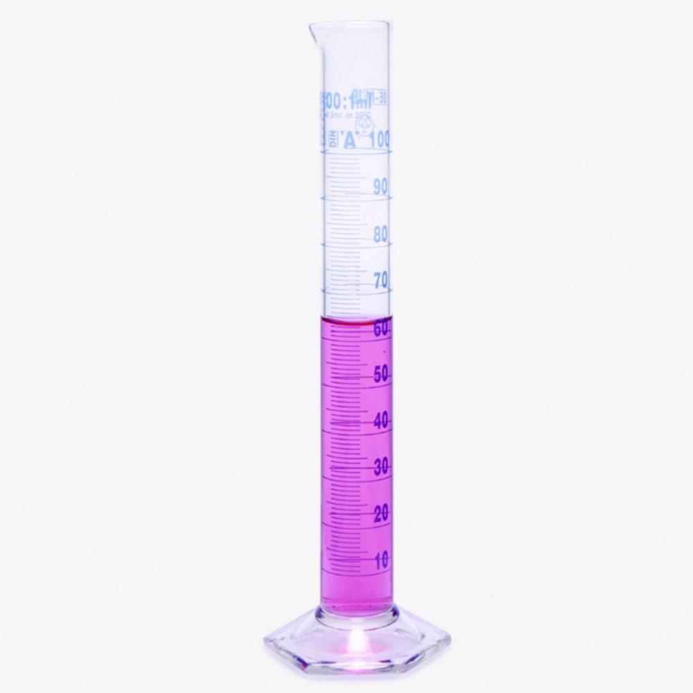 ISOLAB Measuring Cylinder, 10 mL, Tall Form, Glass, CLA, Blue Scale, Glass Base, Batch Certified